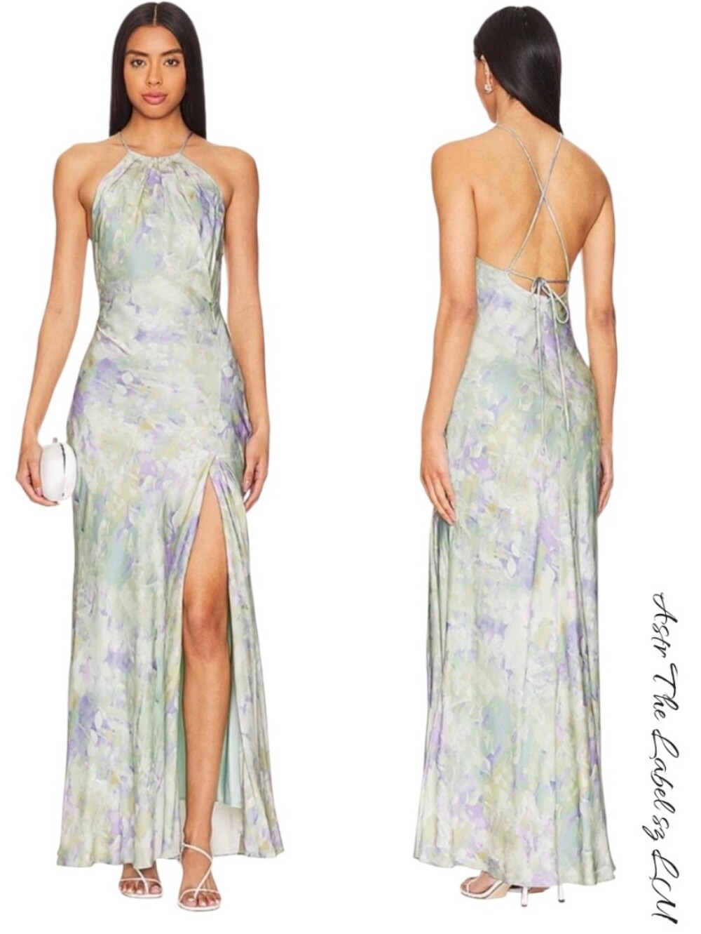 ASTR The Label Elynor Satin Halter Maxi Dress Purple Abstract M